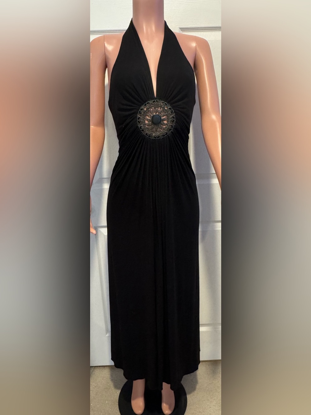 Sky Black Halter Maxi Dress with Decorative Waist Medallion